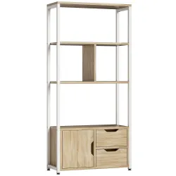 Librería Estantería para Libros con Estantes Cajones y Puerta 58x24x122 cm Estilo Industrial Blanco y Madera Nat... - Ogal.Es