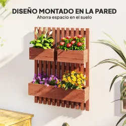 Jardinera de Pared de Madera con Enrejado y 3 Macetas Móviles para Jardín Terraza Patio 60x16x80 cm Marrón - Ogal.Es