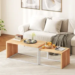 Juego de 2 Mesas de Centro Mesa Nido Moderna Marco de Metal para Salón 90x48x42 cm y 59x42x36 cm Natural y Blanco - Ogal.Es