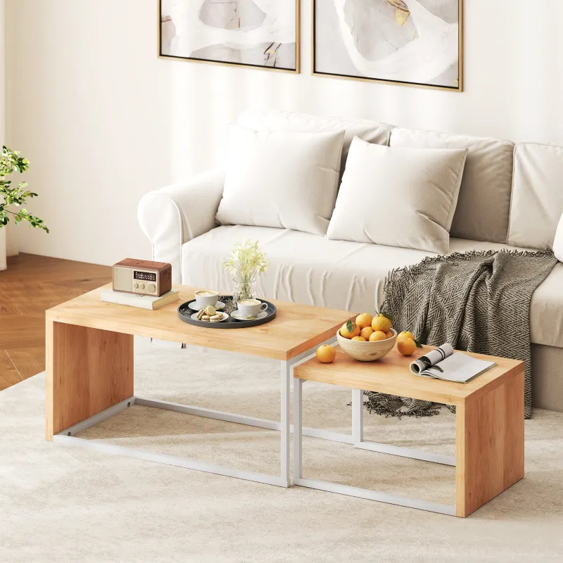 Juego de 2 Mesas de Centro Mesa Nido Moderna Marco de Metal para Salón 90x48x42 cm y 59x42x36 cm Natural y Blanco - Ogal.Es