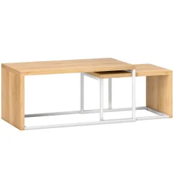 Juego de 2 Mesas de Centro Mesa Nido Moderna Marco de Metal para Salón 90x48x42 cm y 59x42x36 cm Natural y Blanco - Ogal.Es