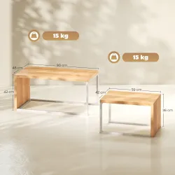 Juego de 2 Mesas de Centro Mesa Nido Moderna Marco de Metal para Salón 90x48x42 cm y 59x42x36 cm Natural y Blanco - Ogal.Es
