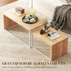 Juego de 2 Mesas de Centro Mesa Nido Moderna Marco de Metal para Salón 90x48x42 cm y 59x42x36 cm Natural y Blanco - Ogal.Es