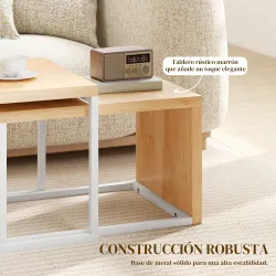 Juego de 2 Mesas de Centro Mesa Nido Moderna Marco de Metal para Salón 90x48x42 cm y 59x42x36 cm Natural y Blanco - Ogal.Es