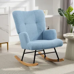 Silla Mecedora de Terciopelo de Teddy con Respaldo Alto Patas de Madera de Caucho Reposabrazos Azul Claro - Ogal.Es
