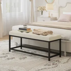 Banco Pie de Cama Tapizado en Terciopelo Diseño Capitoné Base de Metal para Dormitorio Entrada Salón Crema - Ogal.Es