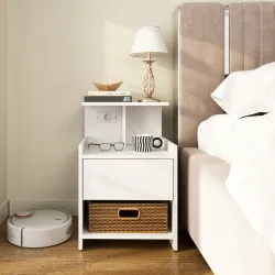 Mesita de Noche con Estación de Carga Puertos USB Cajón y Estantes Mesilla de Noche Dormitorio 40x40x60 cm Blanco - Ogal.Es