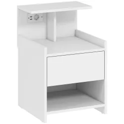 Mesita de Noche con Estación de Carga Puertos USB Cajón y Estantes Mesilla de Noche Dormitorio 40x40x60 cm Blanco - Ogal.Es