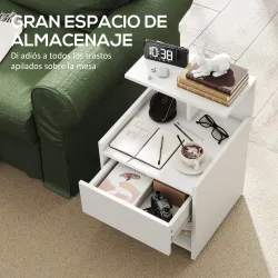 Mesita de Noche con Estación de Carga Puertos USB Cajón y Estantes Mesilla de Noche Dormitorio 40x40x60 cm Blanco - Ogal.Es