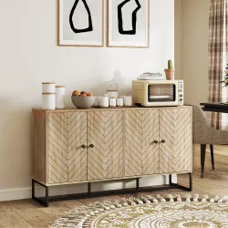 Aparador de Salón con 4 Puertas con Diseño Chevron Estantes Ajustables Patas de Acero 140,5x40x81,5 cm Roble - Ogal.Es