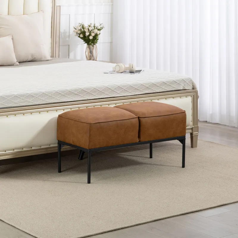 Taburete Pie de Cama Moderno de Cuero Sintético con Asiento Acolchado Grueso y Patas de Acero 80x40x46 cm Marrón - Ogal.Es