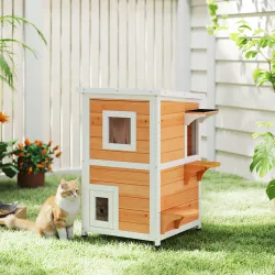 Caseta para Gatos de Madera Exterior de 2 Niveles con Techo Abatible Panel Central Extraíble 51x51x81,3 cm Natural - Ogal.Es