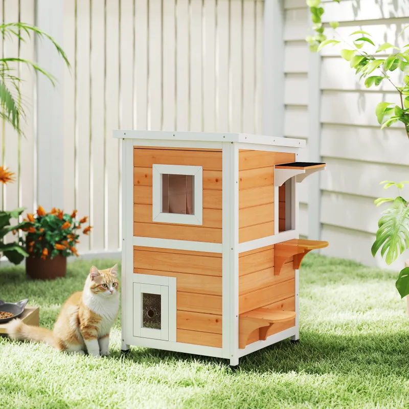 Caseta para Gatos de Madera Exterior de 2 Niveles con Techo Abatible Panel Central Extraíble 51x51x81,3 cm Natural - Ogal.Es