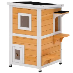 Caseta para Gatos de Madera Exterior de 2 Niveles con Techo Abatible Panel Central Extraíble 51x51x81,3 cm Natural - Ogal.Es