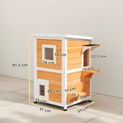 Caseta para Gatos de Madera Exterior de 2 Niveles con Techo Abatible Panel Central Extraíble 51x51x81,3 cm Natural - Ogal.Es