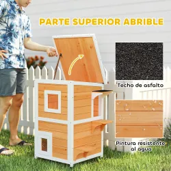Caseta para Gatos de Madera Exterior de 2 Niveles con Techo Abatible Panel Central Extraíble 51x51x81,3 cm Natural - Ogal.Es