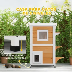 Caseta para Gatos de Madera Exterior de 2 Niveles con Techo Abatible Panel Central Extraíble 51x51x81,3 cm Natural - Ogal.Es