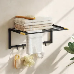 Toallero de Baño de Pared Toallero Plegable con 5 Barras y 6 Ganchos para Toallas Baño 60 cm Negro - Ogal.Es