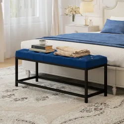 Banco Pie de Cama Tapizado en Terciopelo Diseño Capitoné Base de Metal para Dormitorio Entrada Salón Azul Oscuro - Ogal.Es