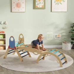 8 en 1 Triángulo de Escalada Montessori de Madera Tema de Cohetes con Arco y Rampa para Niños de 18-48 Meses Azul - Ogal.Es