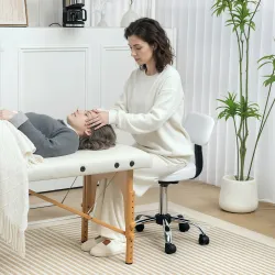 Taburete Giratorio con Respaldo y Ruedas Altura Regulable para Salones de Belleza Estudio de Tatuajes Blanco - Ogal.Es