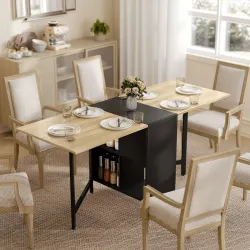 Mesa Plegable de Comedor con Alas Abatibles 4 Compartimentos 3 Formas para Cocina Salón 169x60x75 cm Natural Oscuro - Ogal.Es