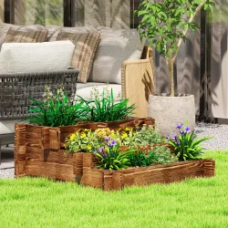 Arriate de Jardín de 3 Niveles con Diseño de Escalera y Tela no Tejida para Cultivos Flores 93x93x35 cm Carbonizado - Ogal.Es