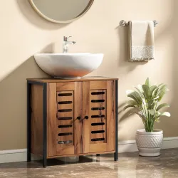 Mueble Bajo Lavabo Industrial 2 Puertas de Lamas con Cierre Magnético Estante Ajustable 60x30x60 cm Marrón&nbsp;Rústico - Ogal.Es