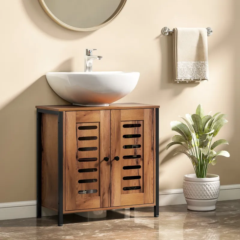 Mueble Bajo Lavabo Industrial 2 Puertas de Lamas con Cierre Magnético Estante Ajustable 60x30x60 cm Marrón&nbsp;Rústico - Ogal.Es