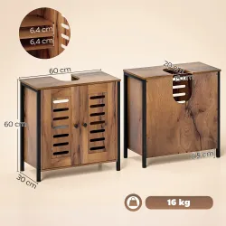 Mueble Bajo Lavabo Industrial 2 Puertas de Lamas con Cierre Magnético Estante Ajustable 60x30x60 cm Marrón&nbsp;Rústico - Ogal.Es