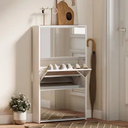 Zapatero Entrada Recibidor con 3 Puertas con Espejo Zapatero Estrecho para 9 Pares de Zapatos 65x17x114,5 cm Blanco - Ogal.Es