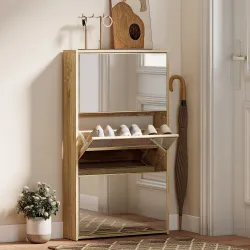 Zapatero Entrada Recibidor con 3 Puertas con Espejo Zapatero Estrecho para 9 Pares de Zapatos 65x17x114,5 cm Nat... - Ogal.Es