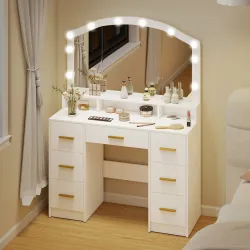 Tocador de Maquillaje con Luces LED de 3 Colores Tocador con Espejo 7 Cajones y 3 Compartimentos Blanco - Ogal.Es