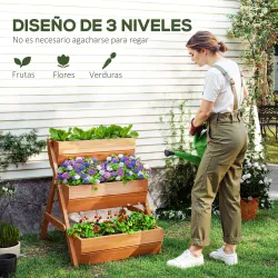 Jardinera de Madera de 3 Niveles Jardinera Elevada Exterior con Orificios de Drenaje 65x75x76 cm Marrón - Ogal.Es