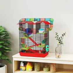 Jaula para Hámster de 5 Niveles 47x30x59 cm con Túnel Comedero Bebedero Casita Rueda de Ejercicio Escaleras Rojo - Ogal.Es