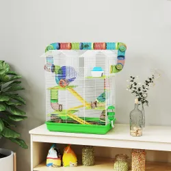 Jaula para Hámster de 5 Niveles 47x30x59 cm con Túnel Comedero Bebedero Casita Rueda de Ejercicio Escaleras Verde - Ogal.Es