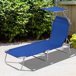 Tumbona de jardín Plegable con Toldo y Respaldo Reclinable para Jardín Terraza Acampada 187x58x36cm Azul - Ogal.Es