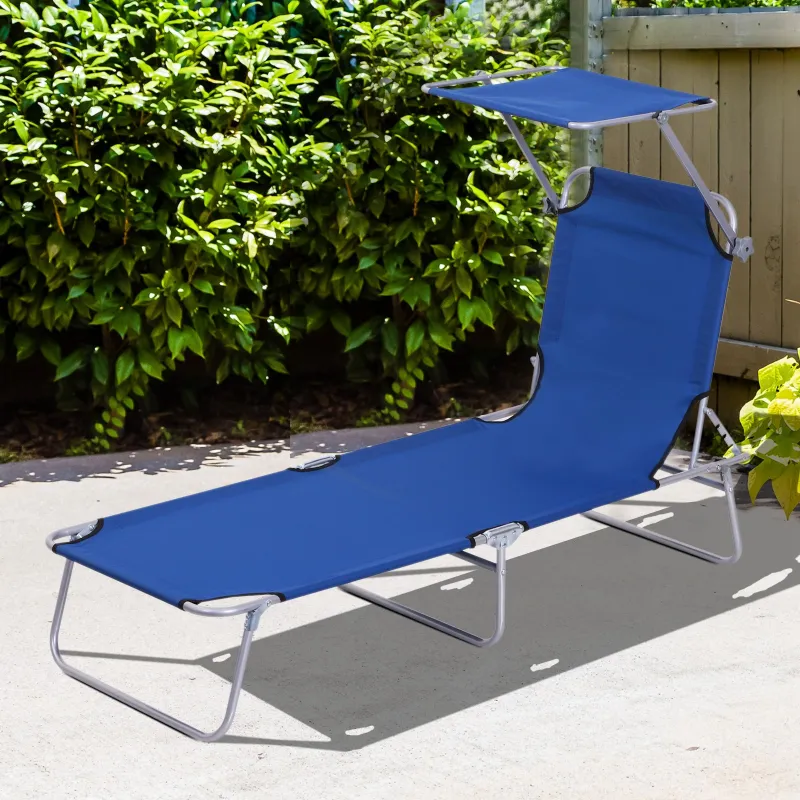 Tumbona de jardín Plegable con Toldo y Respaldo Reclinable para Jardín Terraza Acampada 187x58x36cm Azul - Ogal.Es