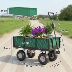 Carrito de Jardín con Ruedas Grandes Asa Ajustable y Bolsa Impermeable Removible Carga 300 kg 105x51x54 cm Verde - Ogal.Es