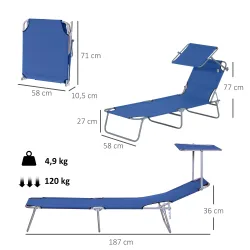 Tumbona de jardín Plegable con Toldo y Respaldo Reclinable para Jardín Terraza Acampada 187x58x36cm Azul - Ogal.Es