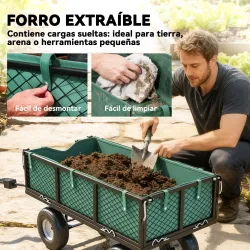 Carrito de Jardín con Ruedas Grandes Asa Ajustable y Bolsa Impermeable Removible Carga 300 kg 105x51x54 cm Verde - Ogal.Es