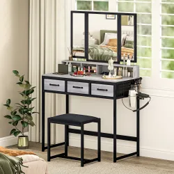 Tocador de Maquillaje con Espejo Tríptico Desmontable Taburete 3 Cajones de Tela Soporte para Secador de Pelo Gris - Ogal.Es