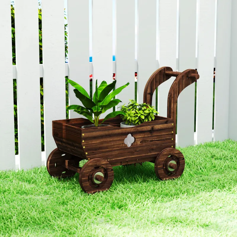 Carretilla de Madera Decorativa Jardinera Elevada con 4 Ruedas Asa Orificios de Drenaje 68x38x52 cm Carbonizado - Ogal.Es