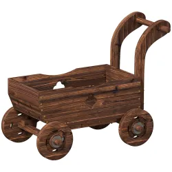 Carretilla de Madera Decorativa Jardinera Elevada con 4 Ruedas Asa Orificios de Drenaje 68x38x52 cm Carbonizado - Ogal.Es