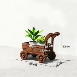 Carretilla de Madera Decorativa Jardinera Elevada con 4 Ruedas Asa Orificios de Drenaje 68x38x52 cm Carbonizado - Ogal.Es