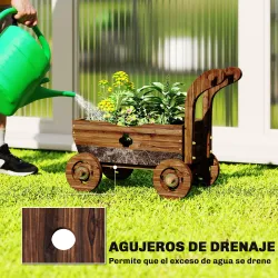 Carretilla de Madera Decorativa Jardinera Elevada con 4 Ruedas Asa Orificios de Drenaje 68x38x52 cm Carbonizado - Ogal.Es