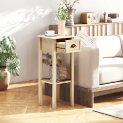 Mesa Auxiliar Rústica Mesa Auxiliar para Sofá con Cajón y Estante para Salón Dormitorio 30x30x75 cm Madera Natural - Ogal.Es