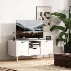 Mueble de TV con Cajón 2 Puertas y Estante Abierto Patas de Madera para Televisores 50 Pulgadas 110x40x50 cm Blanco - Ogal.Es