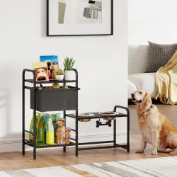 Comedero Perro Elevado con Cajón de Tela 2 Cuencos de Acero Inoxidable 2x800 ml Altura Ajustable 2 Estantes Negro - Ogal.Es