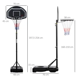 Canasta de Baloncesto para Exterior Altura Ajustable 160-210 cm con Ruedas y Base Rellenable 76x48x254 cm Negro - Ogal.Es